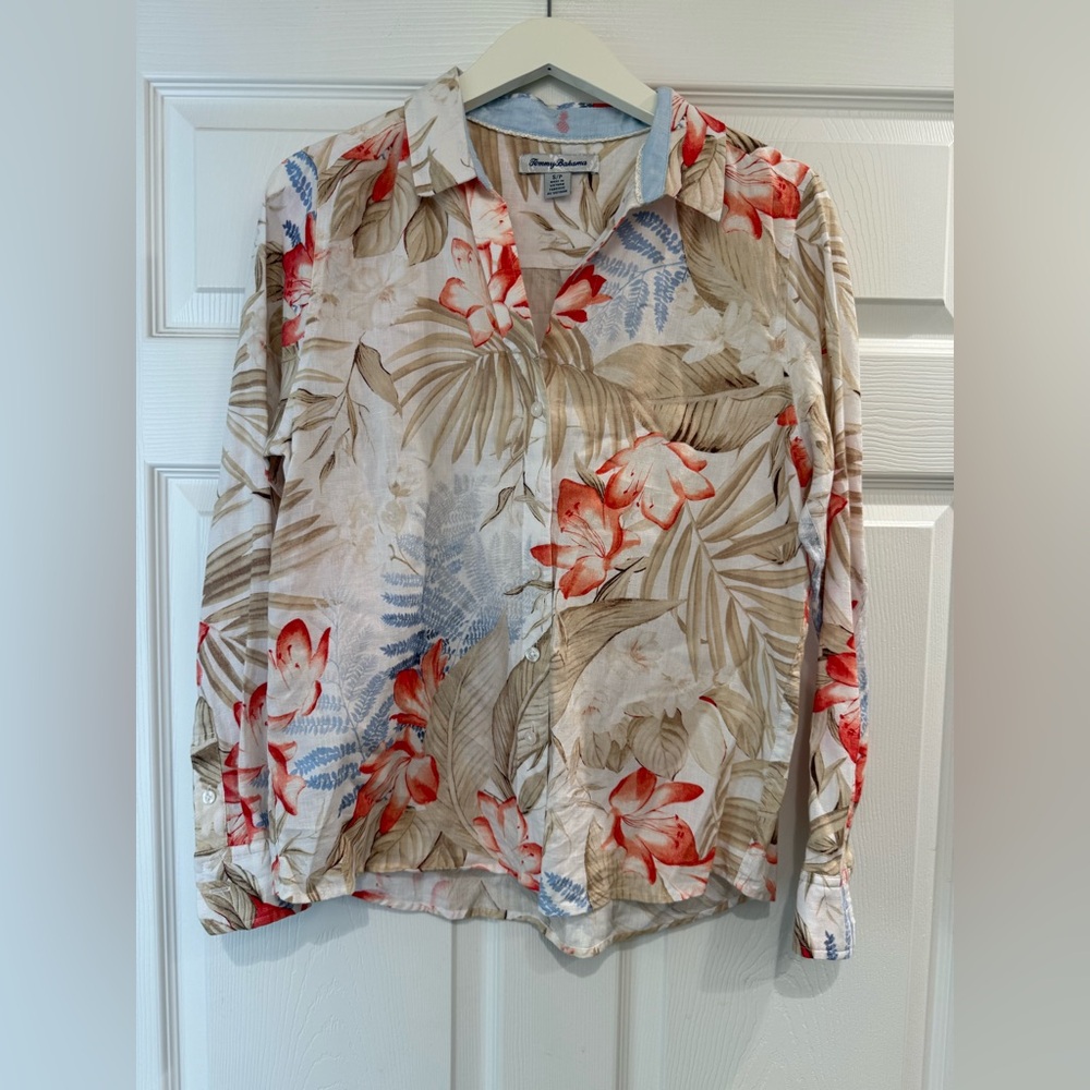 Tommy Bahama Small Woven Delicate Floral Print Long Sleeve Button Up 100% Linen